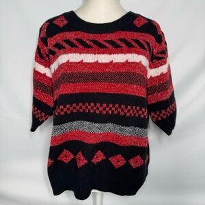 Knit Mix Retro Geometric Pattern Short Sleeve Sweater - Size L NWT